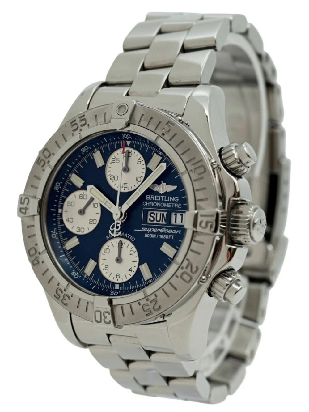 Breitling 42mm Men's Super Ocean 500M Blue Dial Auto Chrono Watch! Ref: A13340!